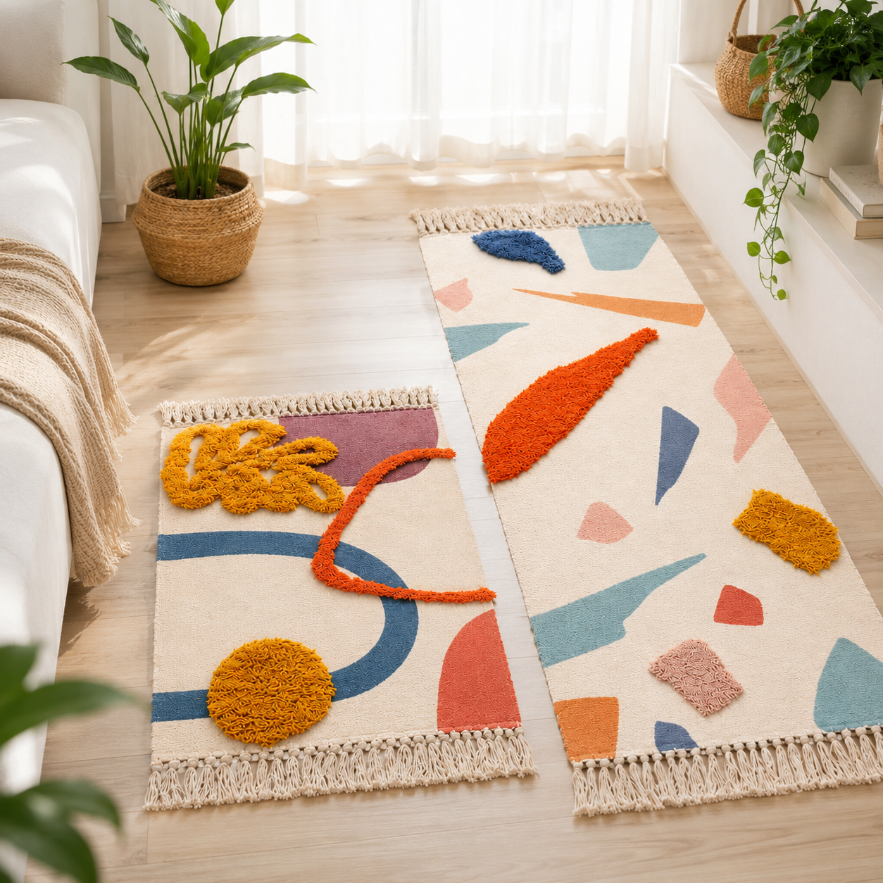 Set of 2 Tufted Printed Area Rugs (Beige Multicolor)