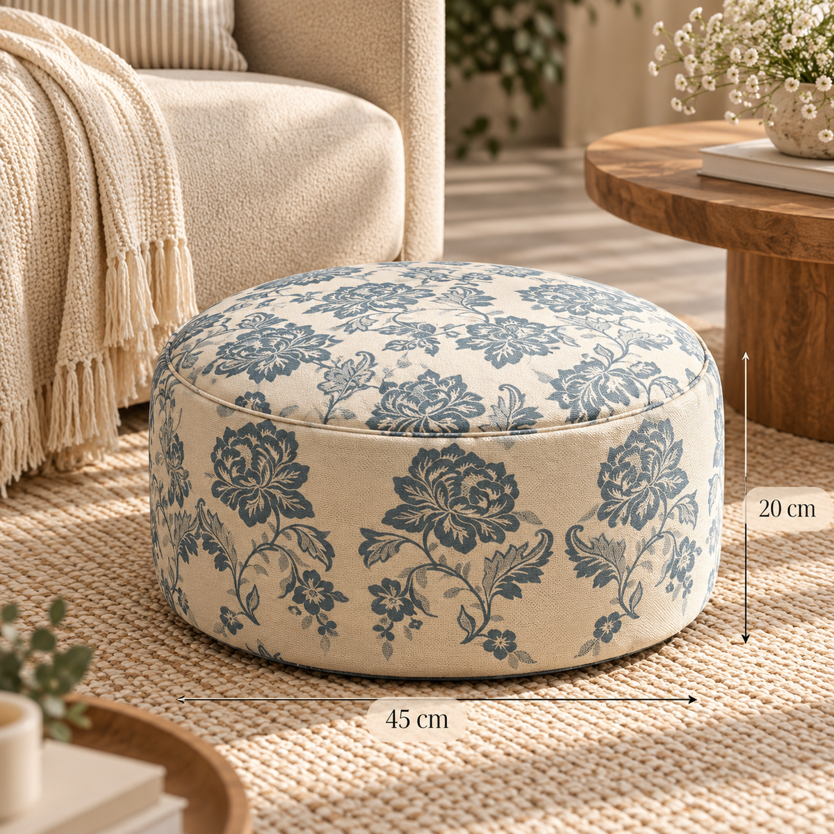 Blue Blossom Round Pouf