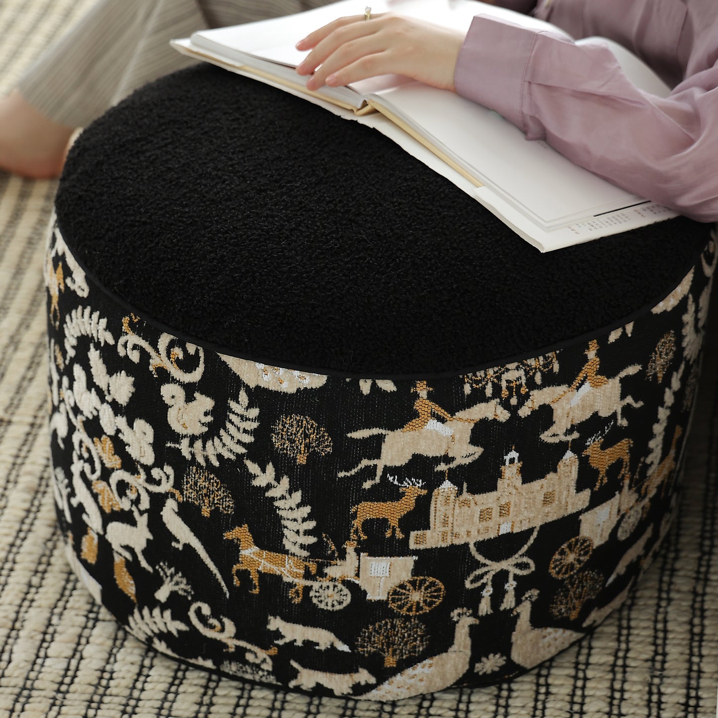 Jacquard Pouf Ottoman Black