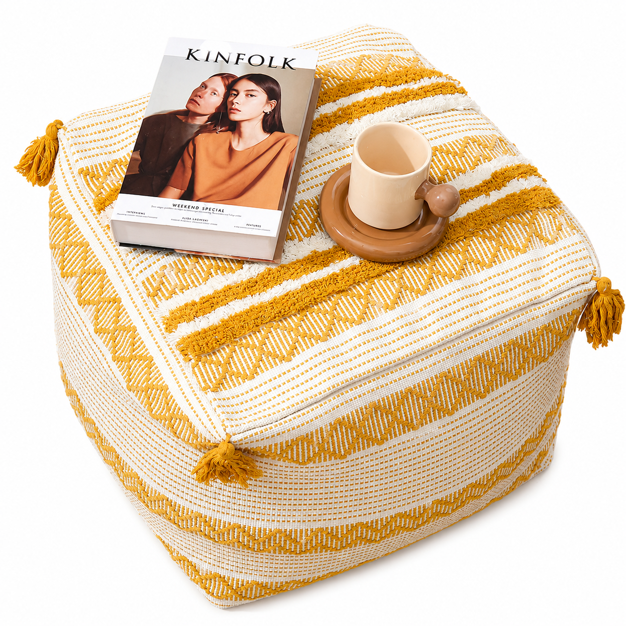 Boho Pouf Ottoman Mustard (45x45x40 cm)