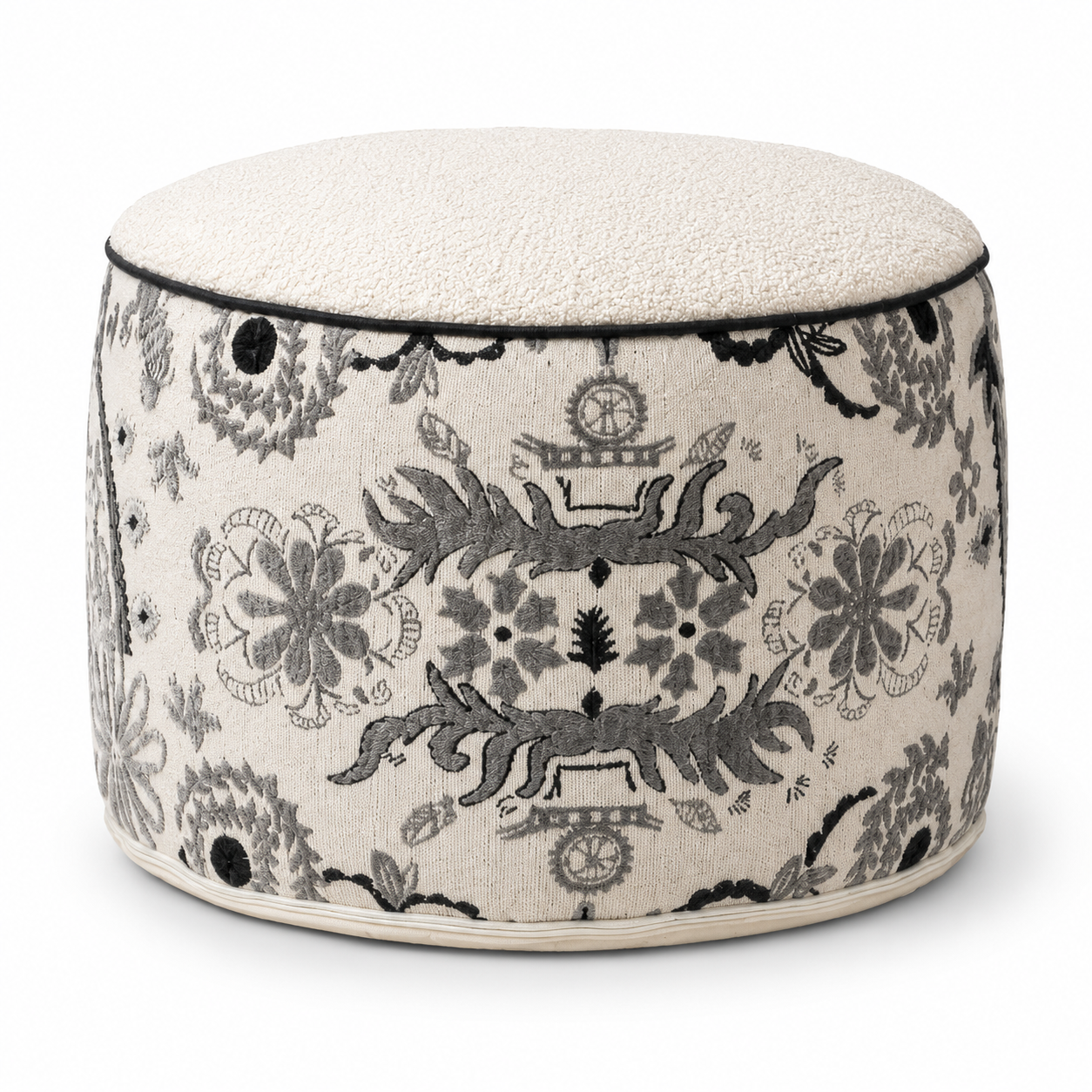 Jacquard Pouf Ottoman White Floral (50 cm Diameter)