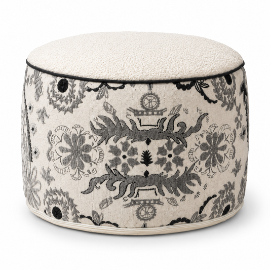 Jacquard Pouf Ottoman White Floral (50 cm Diameter)