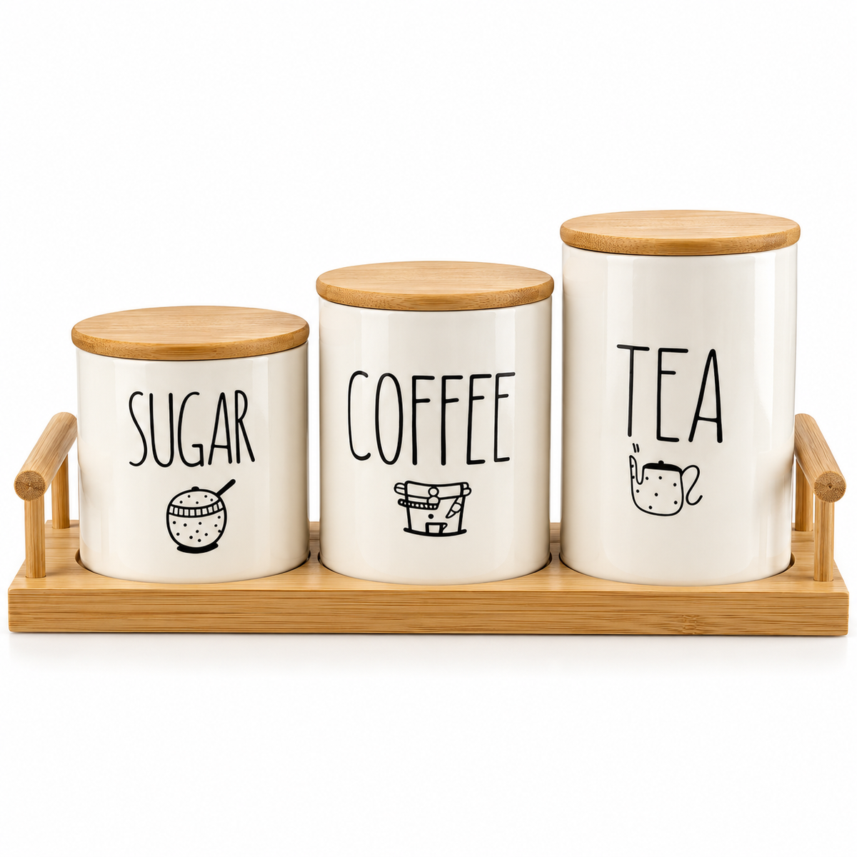 Bamboo & Ceramic Tea, Coffee & Sugar Canister Set