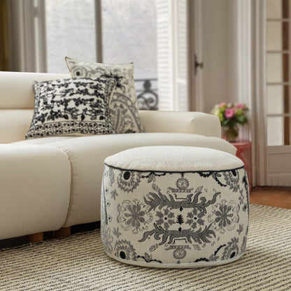 Jacquard Pouf Ottoman White Floral (50 cm Diameter)