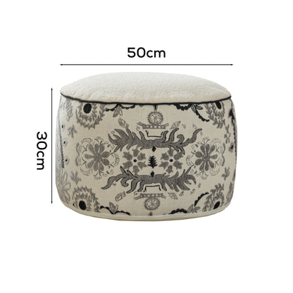 Jacquard Pouf Ottoman White Floral (50 cm Diameter)